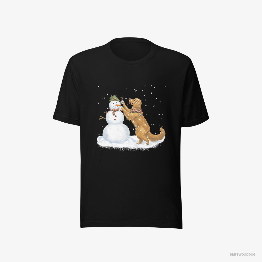 Golden Retriever T-Shirt – Women Black T-Shirt Eco-Friendly – Making a Snowman (on White Background)