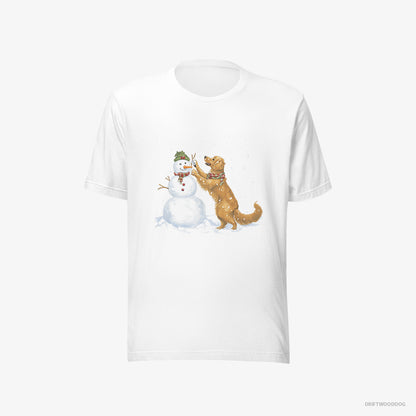 Golden Retriever T-Shirt – Women White T-Shirt Eco-Friendly – Making a Snowman (on White Background)