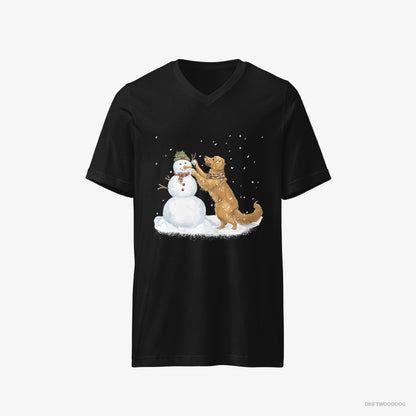 Golden Retriever T-Shirt – Men Black T-Shirt V-Neck – Making a Snowman (on White Background)