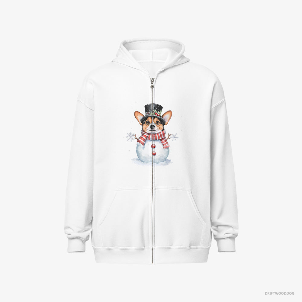 Corgi Hoodie – Men White Hoodie Full-Zip – in a Snowman-Inspired Outfit (on White Background)