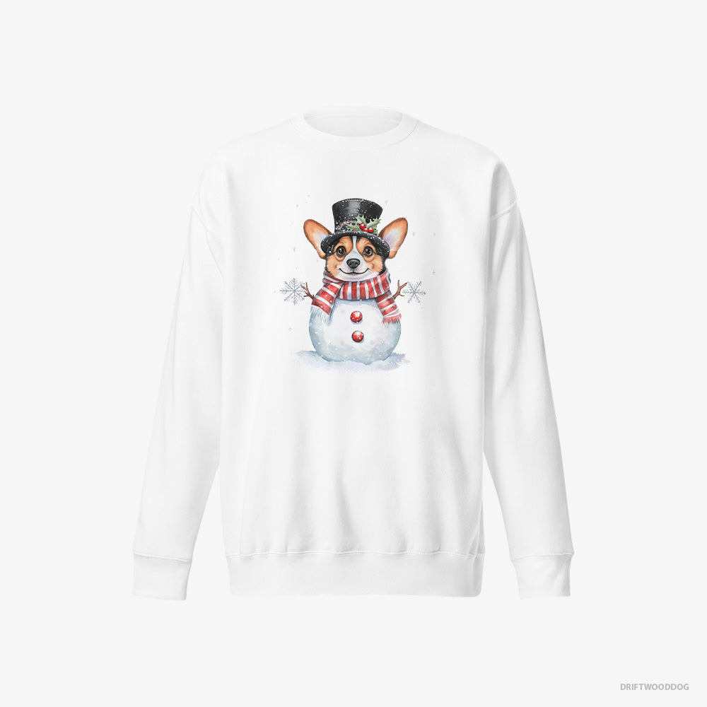 Corgi Sweatshirt – Men White Sweatshirt Eco-Friendly – in a Snowman-Inspired Outfit (on White Background)