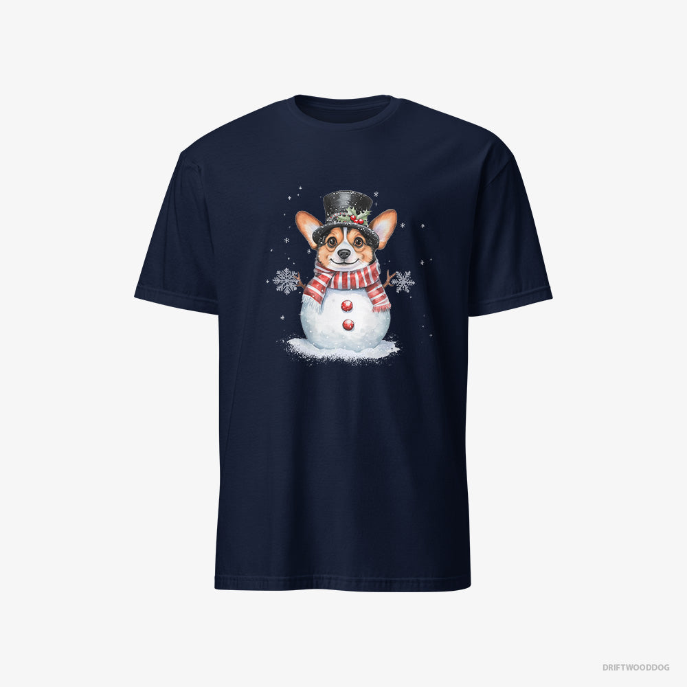 Corgi T-Shirt – Men Navy T-Shirt Classic – in a Snowman-Inspired Outfit (on White Background)