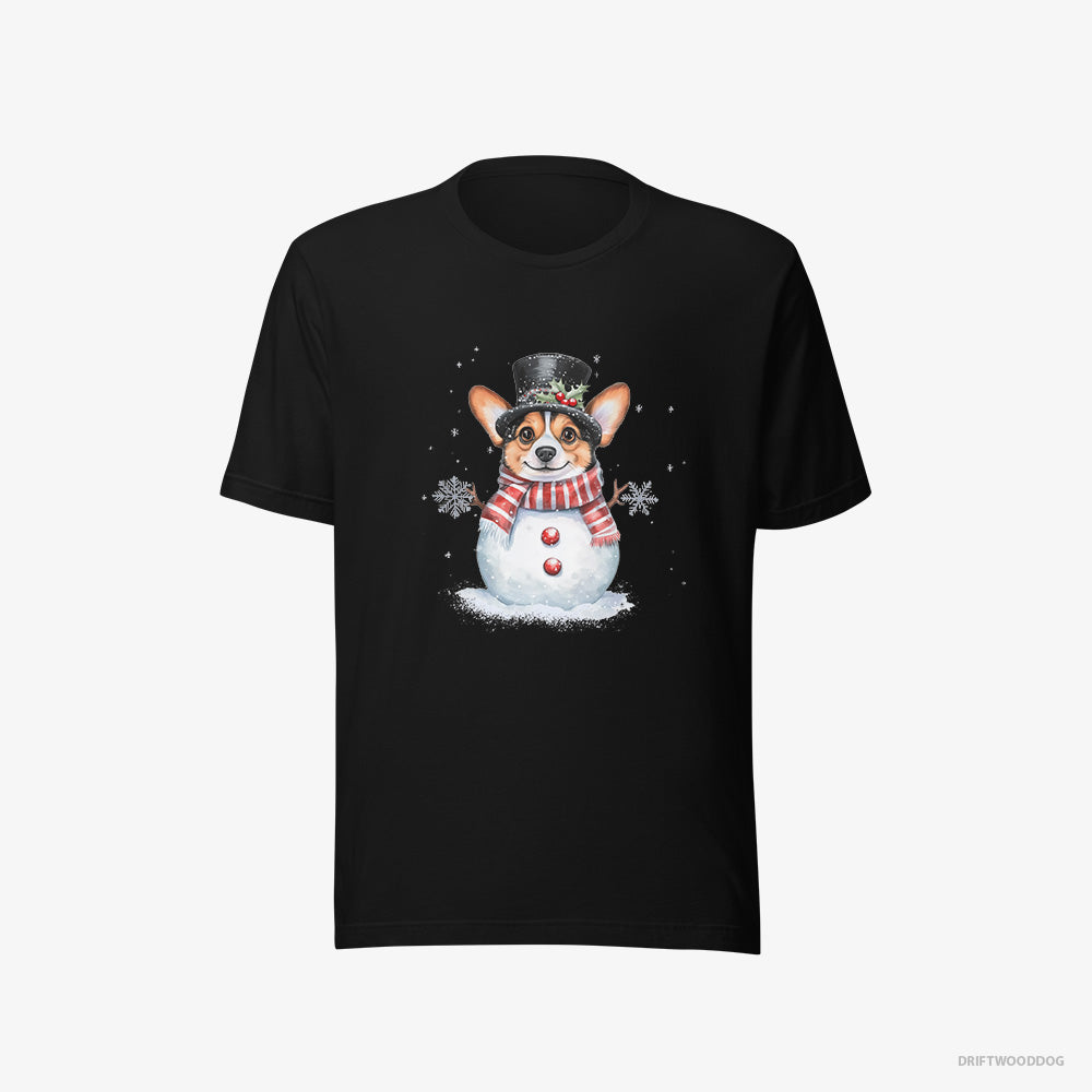 Corgi T-Shirt – Men Black T-Shirt Eco-Friendly – in a Snowman-Inspired Outfit (on White Background)