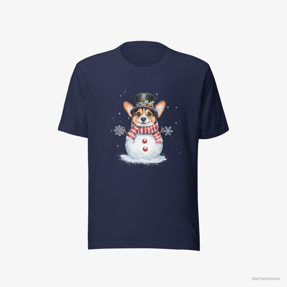 Corgi T-Shirt – Men Navy T-Shirt Eco-Friendly – in a Snowman-Inspired Outfit (on White Background)