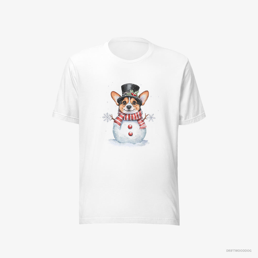 Corgi T-Shirt – Men White T-Shirt Eco-Friendly – in a Snowman-Inspired Outfit (on White Background)