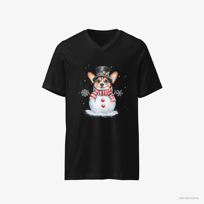 Corgi T-Shirt – Men Black T-Shirt V-Neck – in a Snowman-Inspired Outfit (on White Background)