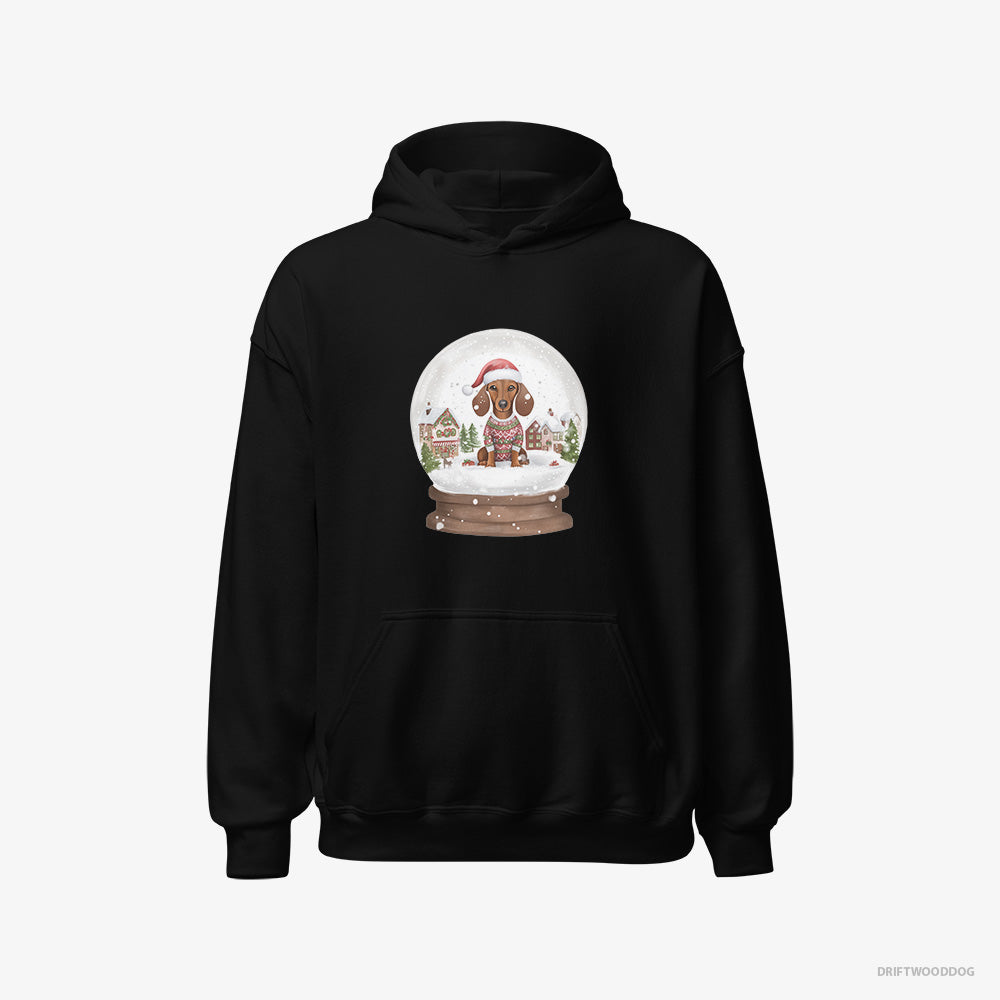 Dachshund Hoodie – Women Black Hoodie Classic – Immersed in Christmas Snow Globe (on White Background)