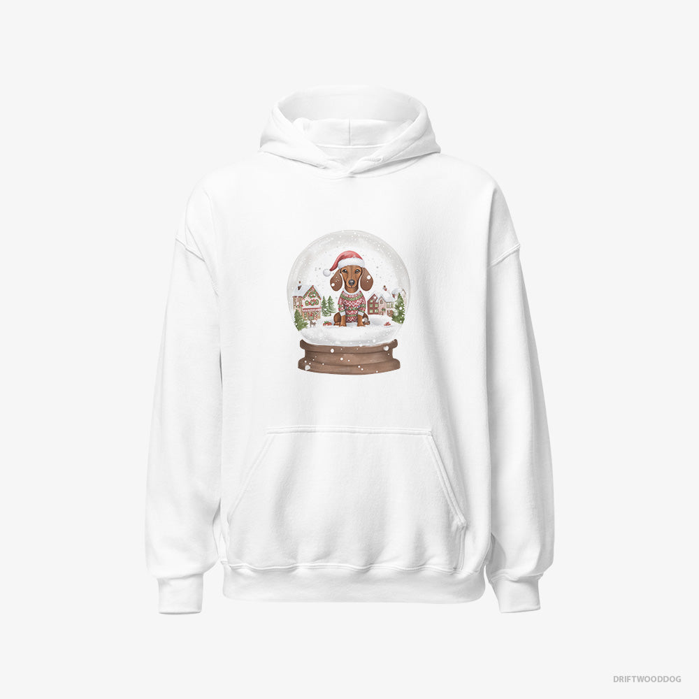 Dachshund Hoodie – Men White Hoodie Classic – Immersed in Christmas Snow Globe (on White Background)