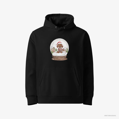 Dachshund Hoodie – Men Black Hoodie Eco-Friendly – Immersed in Christmas Snow Globe (on White Background)