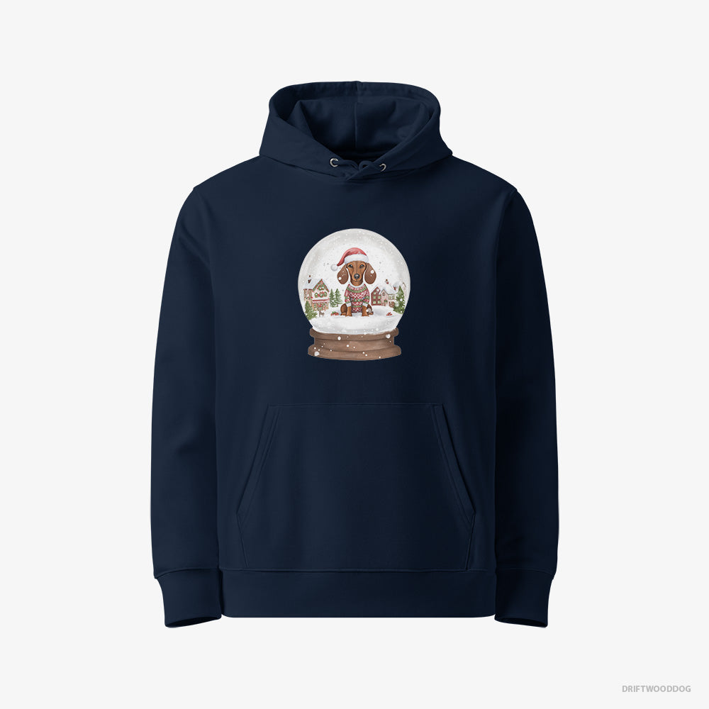 Dachshund Hoodie – Women Navy Hoodie Eco-Friendly – Immersed in Christmas Snow Globe (on White Background)