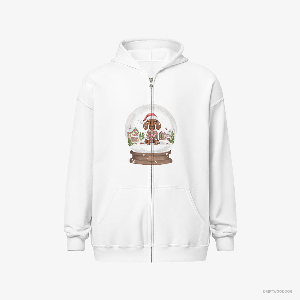 Dachshund Hoodie – Men White Hoodie Full-Zip – Immersed in Christmas Snow Globe (on White Background)