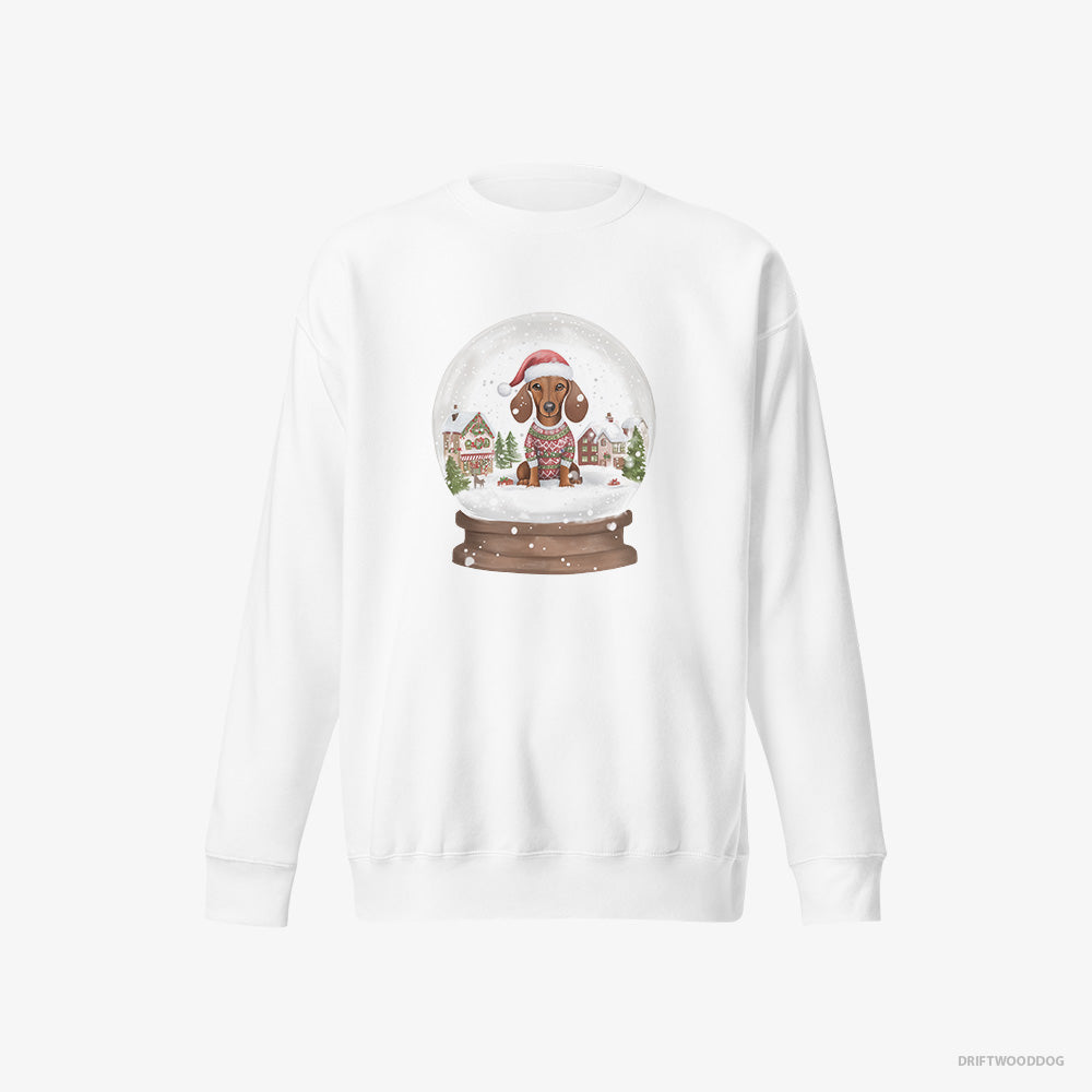 Dachshund Sweatshirt – Men White Sweatshirt Eco-Friendly – Immersed in Christmas Snow Globe (on White Background)