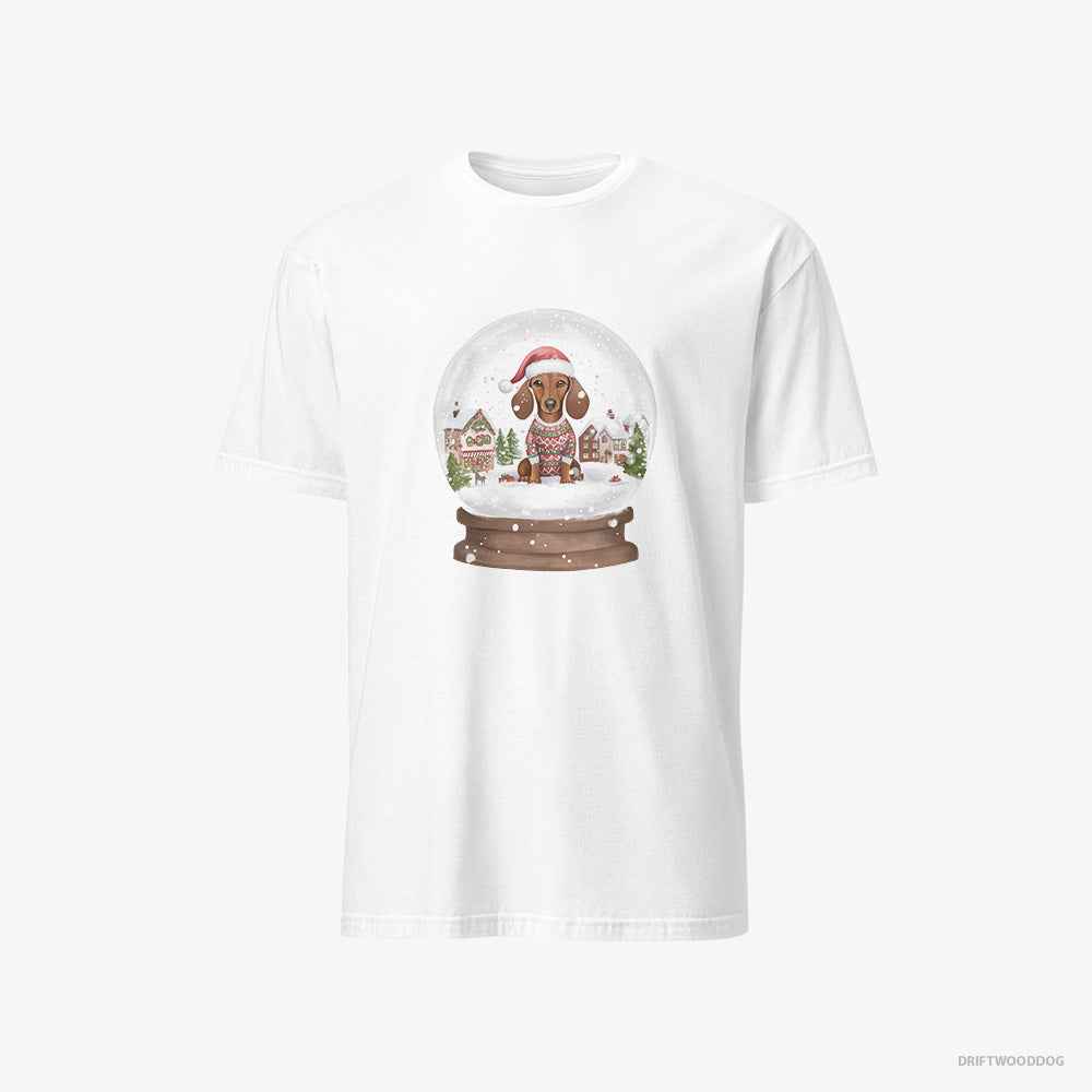 Dachshund T-Shirt – Men White T-Shirt Classic – Immersed in Christmas Snow Globe (on White Background)