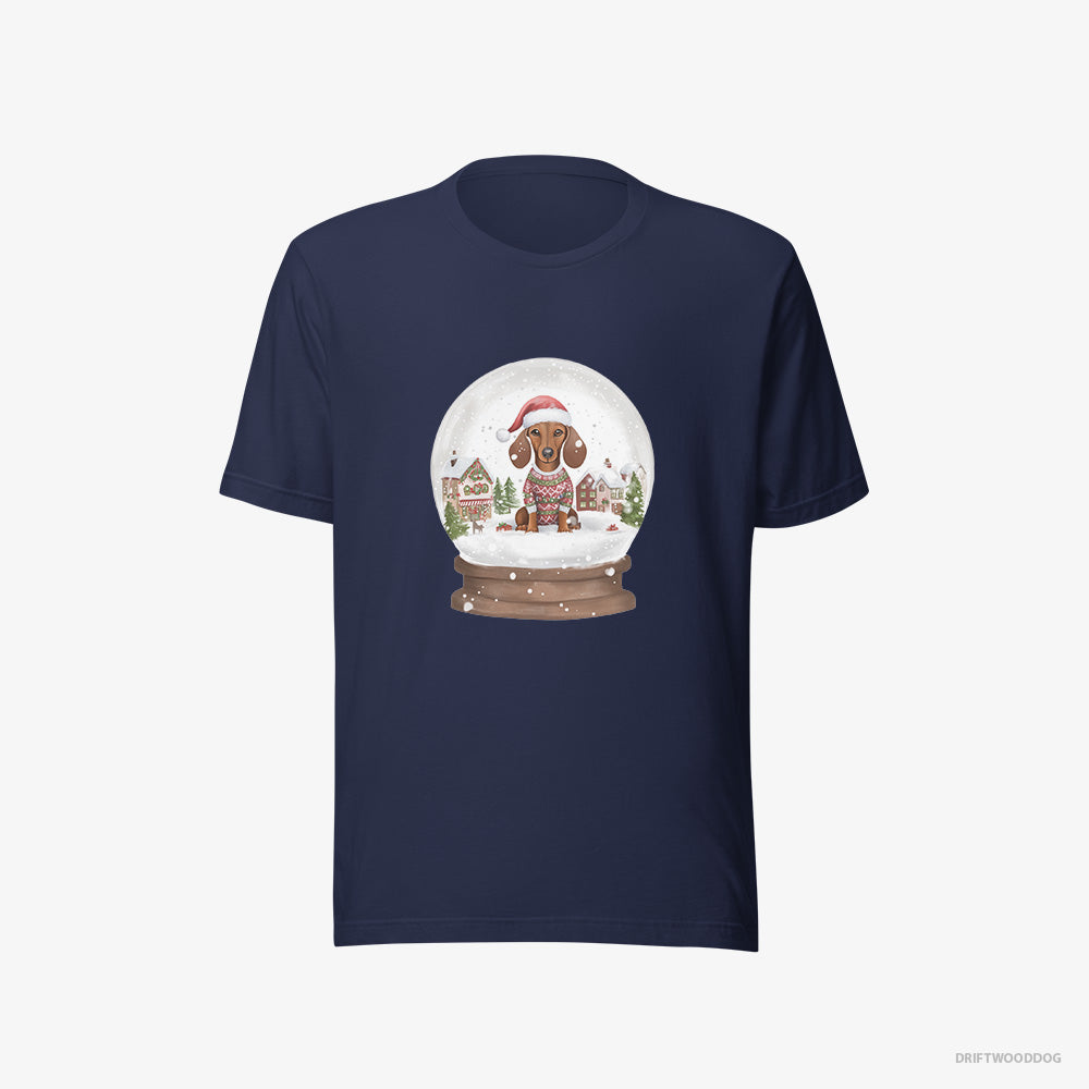 Dachshund T-Shirt – Women Navy T-Shirt Eco-Friendly – Immersed in Christmas Snow Globe (on White Background)