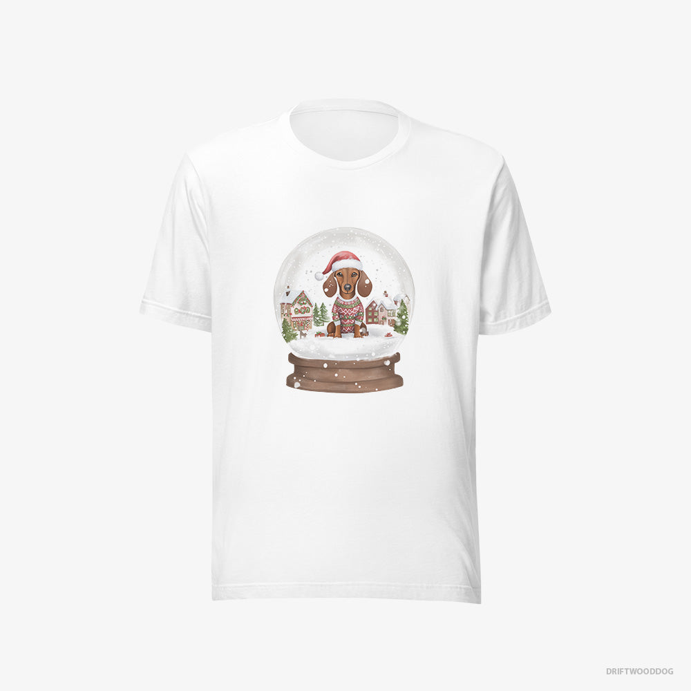 Dachshund T-Shirt – Men White T-Shirt Eco-Friendly – Immersed in Christmas Snow Globe (on White Background)