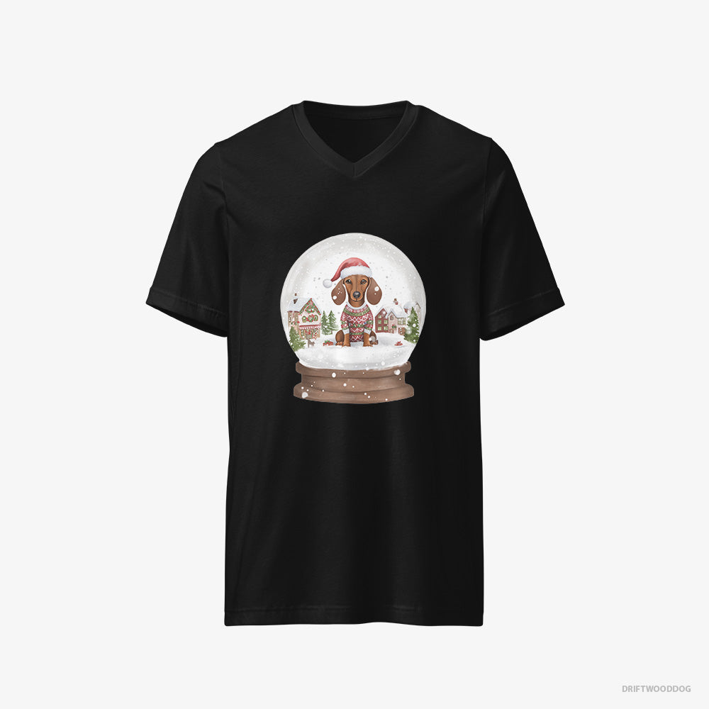 Dachshund T-Shirt – Men Black T-Shirt V-Neck – Immersed in Christmas Snow Globe (on White Background)