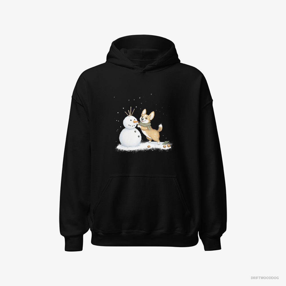 Corgi Hoodie – Women Black Hoodie Classic – Shaping a Snowman (on White Background)