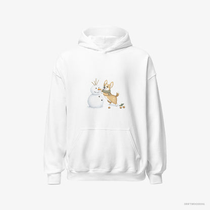 Corgi Hoodie – Men White Hoodie Classic – Shaping a Snowman (on White Background)