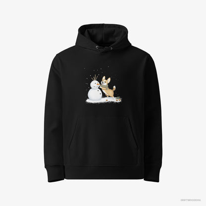 Corgi Hoodie – Men Black Hoodie Eco-Friendly – Shaping a Snowman (on White Background)