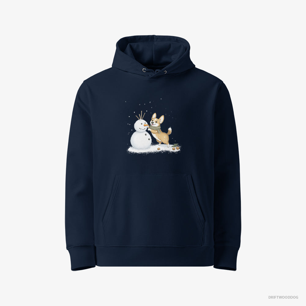 Corgi Hoodie – Women Navy Hoodie Eco-Friendly – Shaping a Snowman (on White Background)