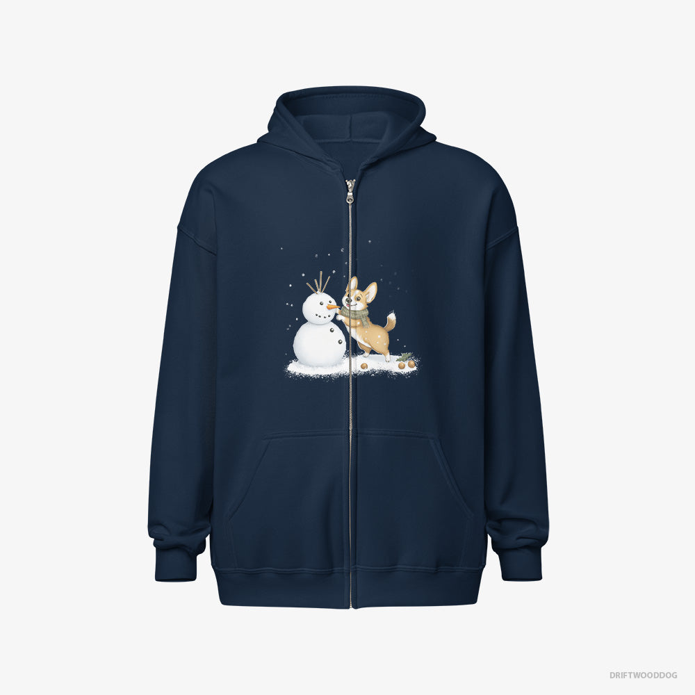 Corgi Hoodie – Men Navy Hoodie Full-Zip – Shaping a Snowman (on White Background)