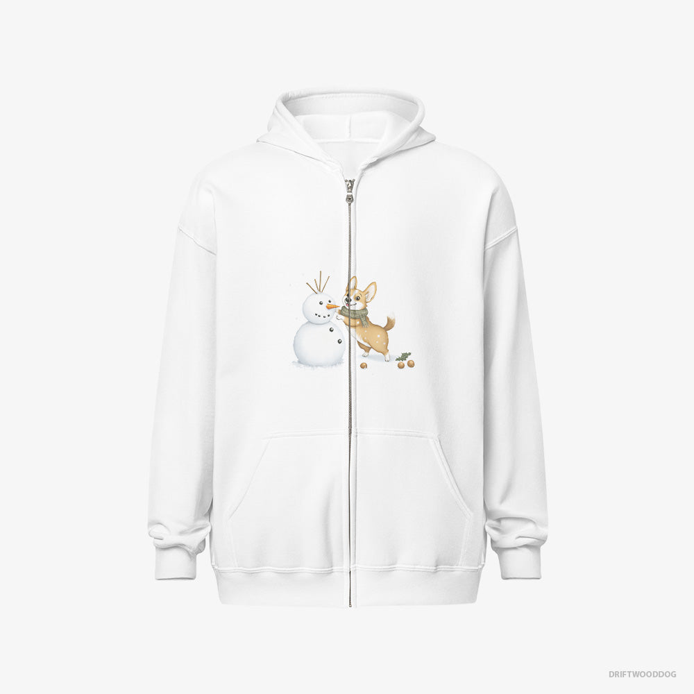 Corgi Hoodie – Men White Hoodie Full-Zip – Shaping a Snowman (on White Background)