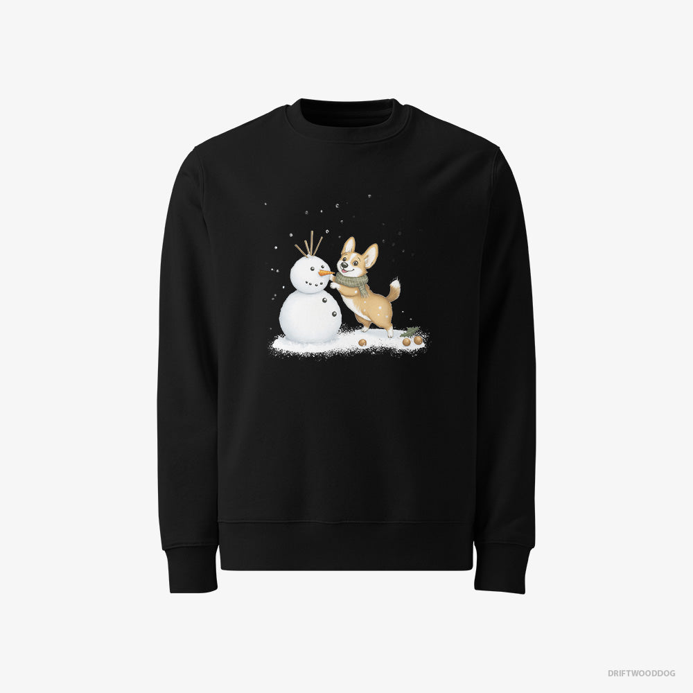 Corgi Sweatshirt – Men Black Sweatshirt Classic – Shaping a Snowman (on White Background)