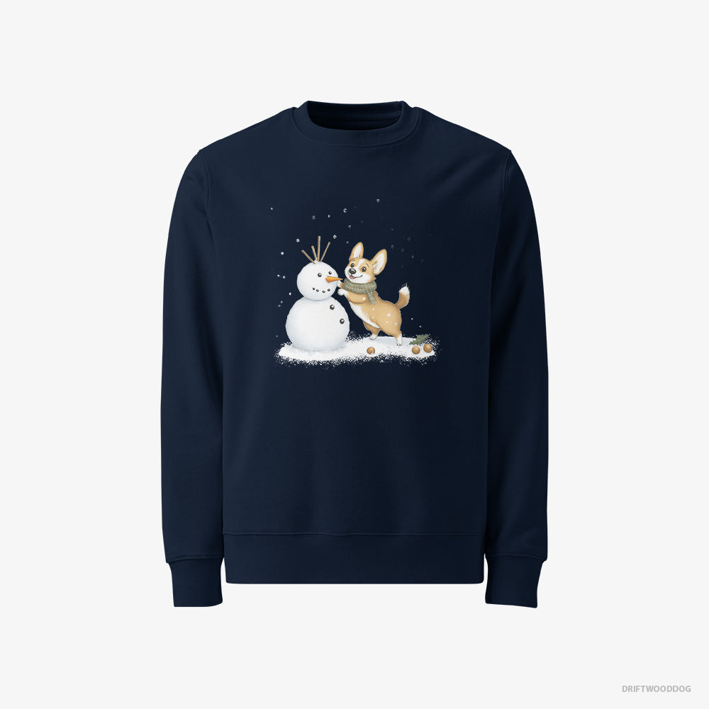 Corgi Sweatshirt – Men Navy Sweatshirt Classic – Shaping a Snowman (on White Background)