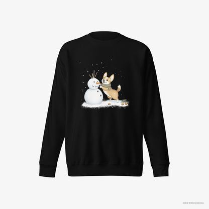 Corgi Sweatshirt – Men Black Sweatshirt Eco-Friendly – Shaping a Snowman (on White Background)