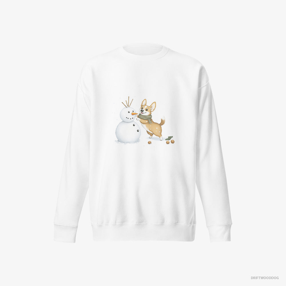 Corgi Sweatshirt – Men White Sweatshirt Eco-Friendly – Shaping a Snowman (on White Background)