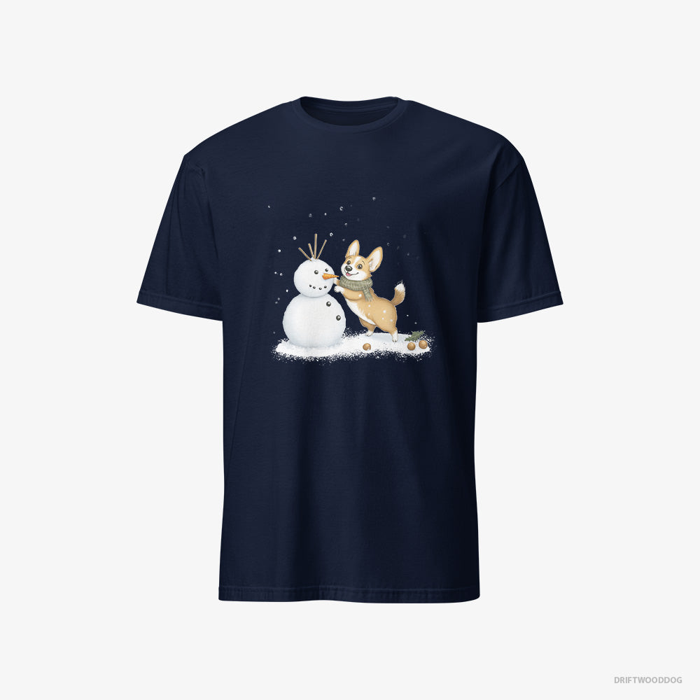 Corgi T-Shirt – Women Navy T-Shirt Classic – Shaping a Snowman (on White Background)