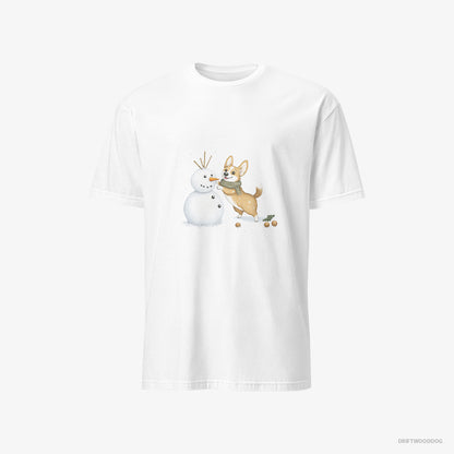 Corgi T-Shirt – Men White T-Shirt Classic – Shaping a Snowman (on White Background)