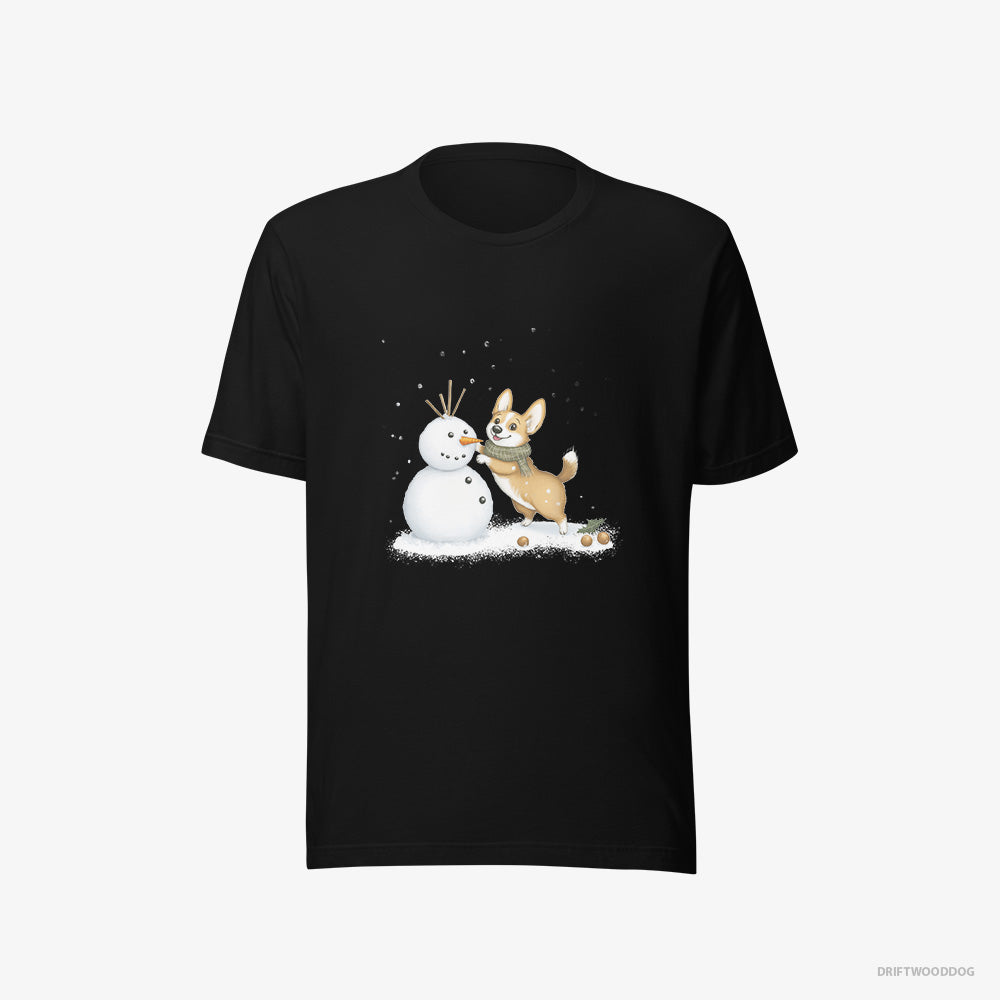 Corgi T-Shirt – Women Black T-Shirt Eco-Friendly – Shaping a Snowman (on White Background)