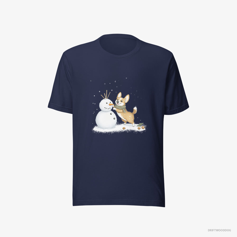 Corgi T-Shirt – Men Navy T-Shirt Eco-Friendly – Shaping a Snowman (on White Background)