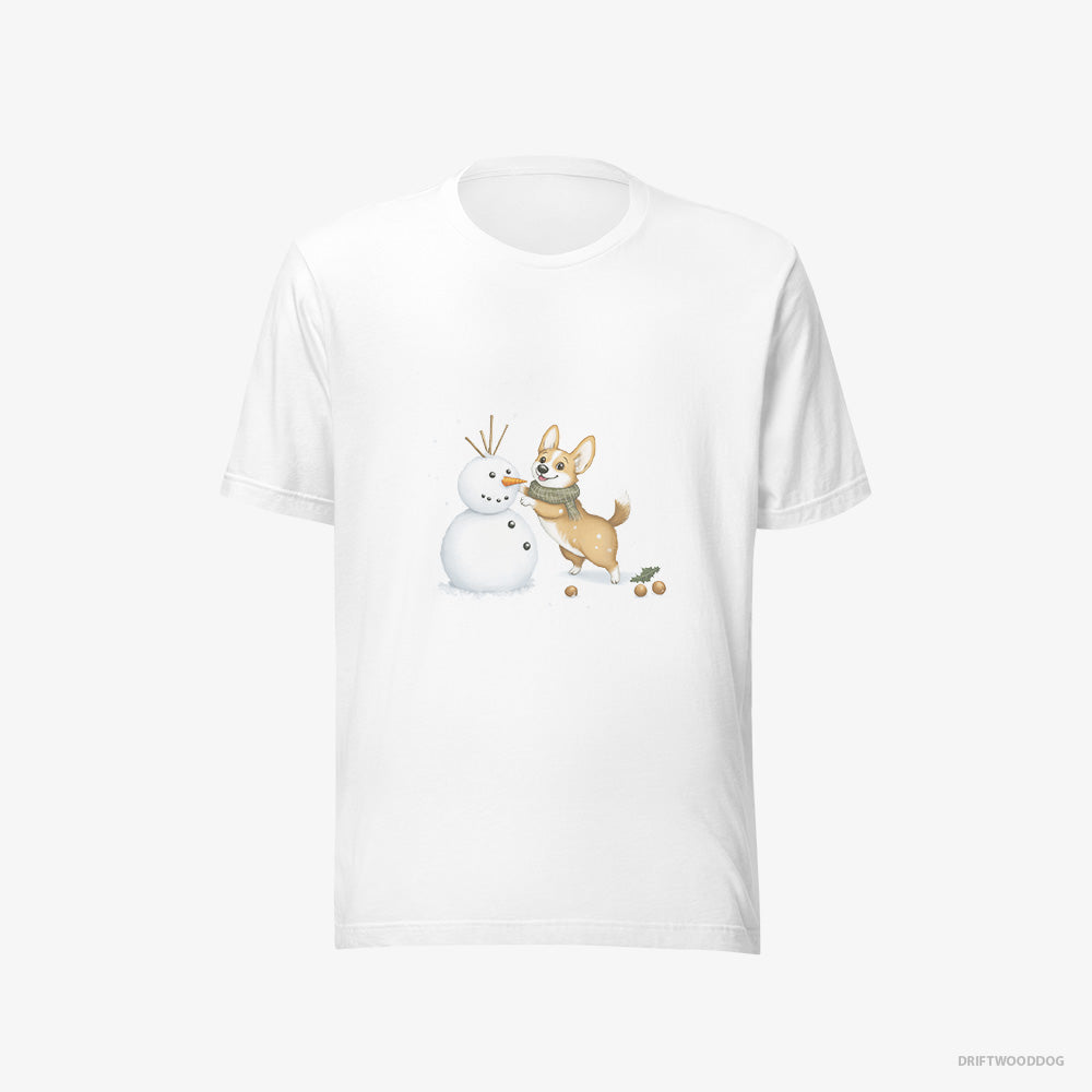 Corgi T-Shirt – Men White T-Shirt Eco-Friendly – Shaping a Snowman (on White Background)