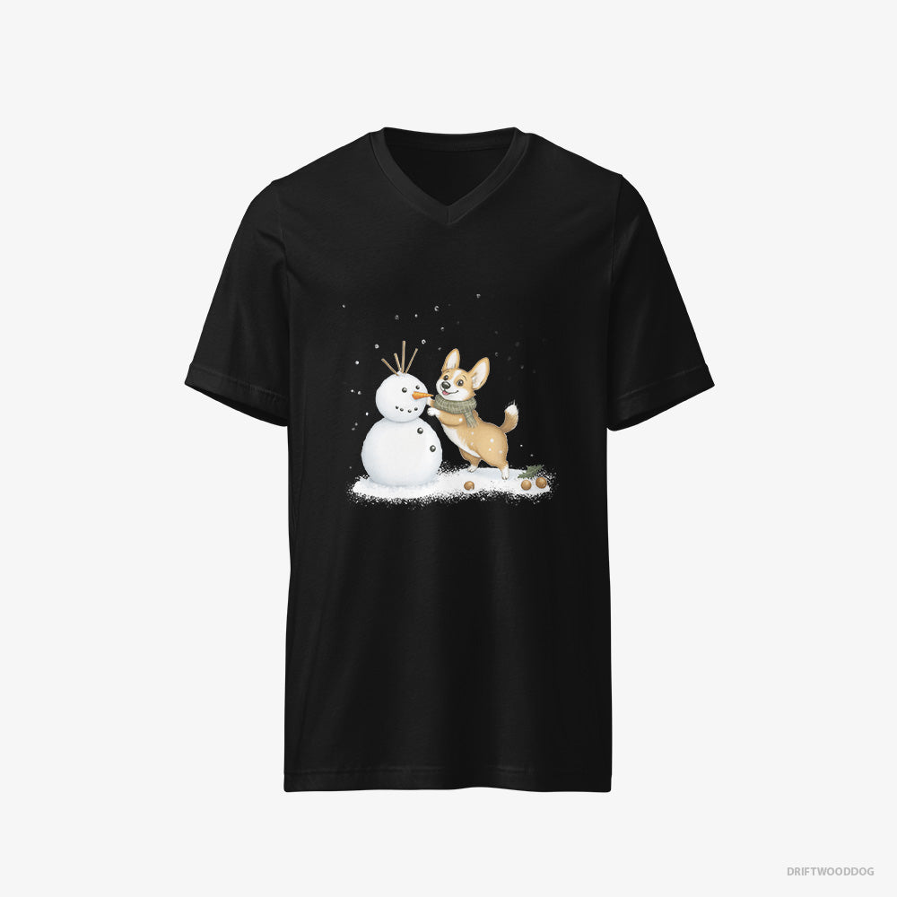 Corgi T-Shirt – Men Black T-Shirt V-Neck – Shaping a Snowman (on White Background)