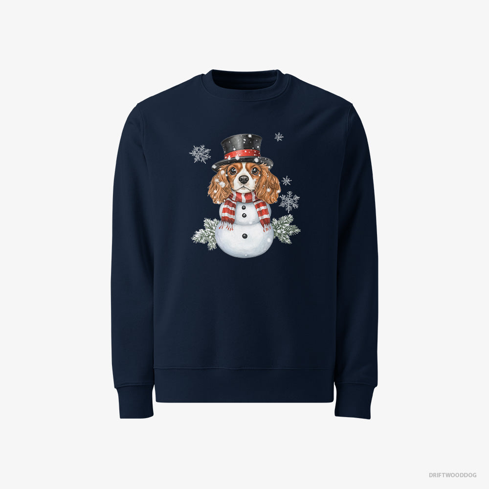 Cavalier King Charles Spaniel Sweatshirt – Men Navy Sweatshirt Classic – Playing a Snowman (on White Background)