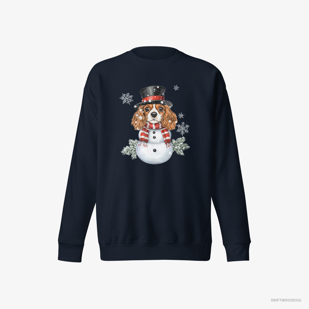 Cavalier King Charles Spaniel Sweatshirt – Men Navy Sweatshirt Eco-Friendly – Playing a Snowman (on White Background)