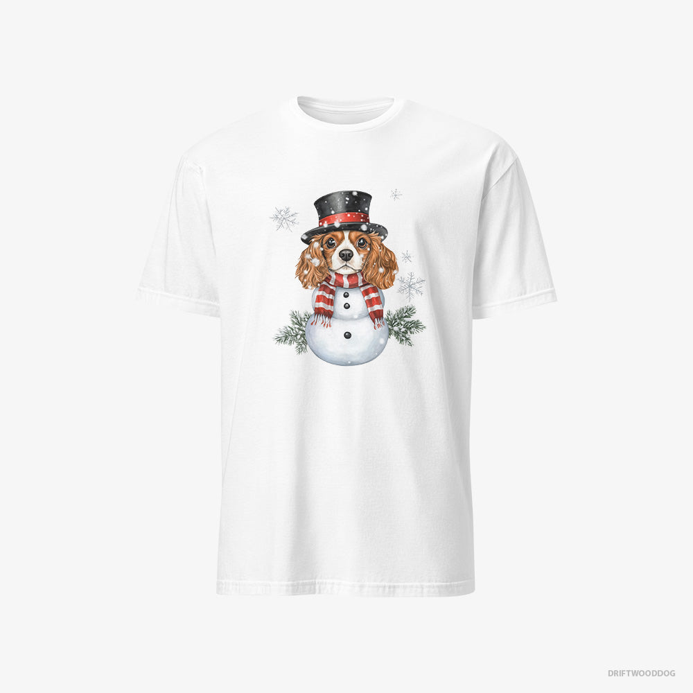 Cavalier King Charles Spaniel T-Shirt – Men White T-Shirt Classic – Playing a Snowman (on White Background)