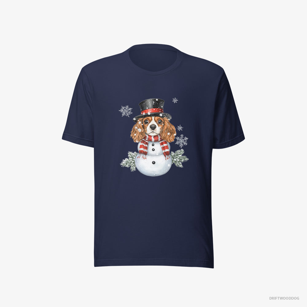 Cavalier King Charles Spaniel T-Shirt – Men Navy T-Shirt Eco-Friendly – Playing a Snowman (on White Background)