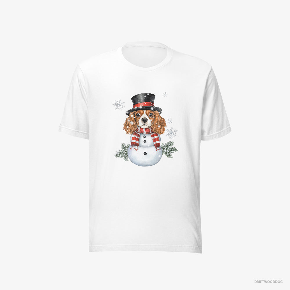 Cavalier King Charles Spaniel T-Shirt – Women White T-Shirt Eco-Friendly – Playing a Snowman (on White Background)