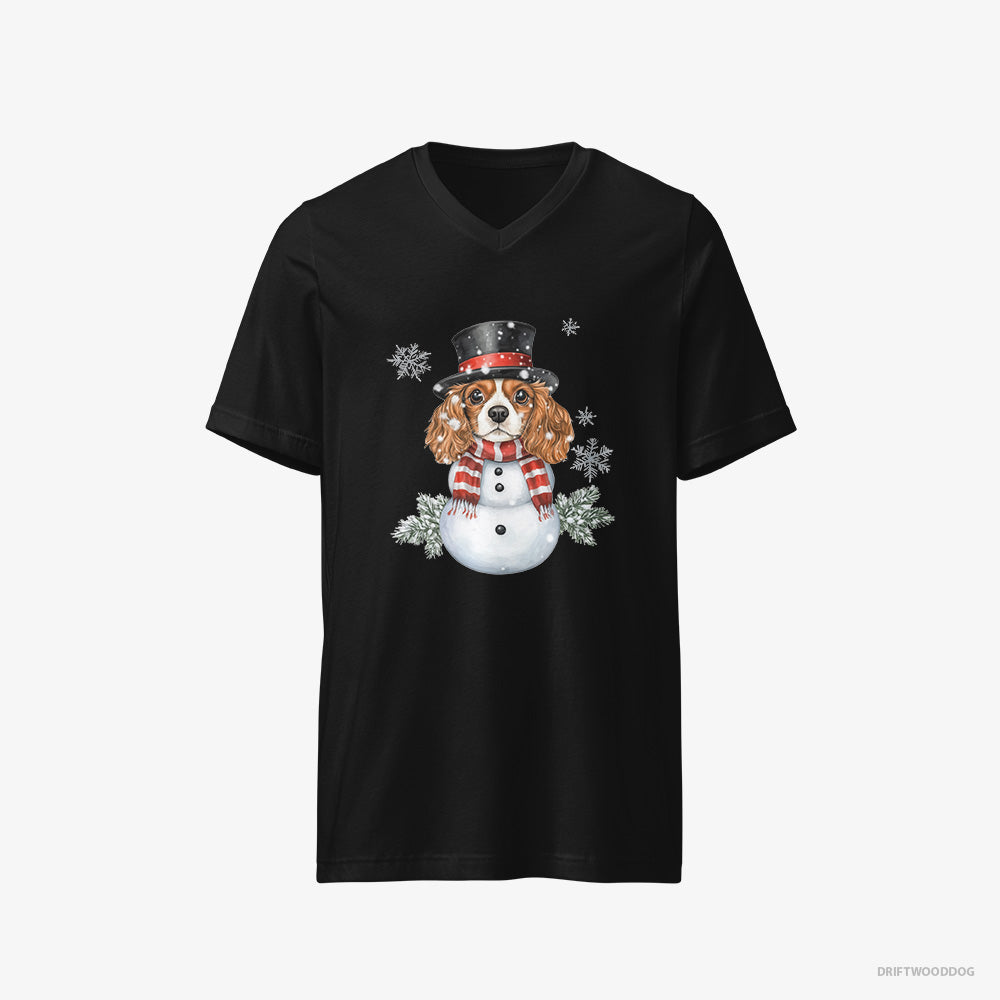 Cavalier King Charles Spaniel T-Shirt – Men Black T-Shirt V-Neck – Playing a Snowman (on White Background)