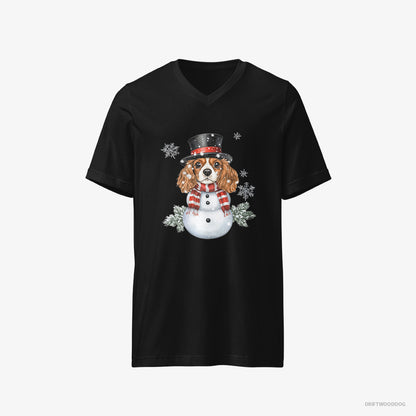 Cavalier King Charles Spaniel T-Shirt – Men Black T-Shirt V-Neck – Playing a Snowman (on White Background)