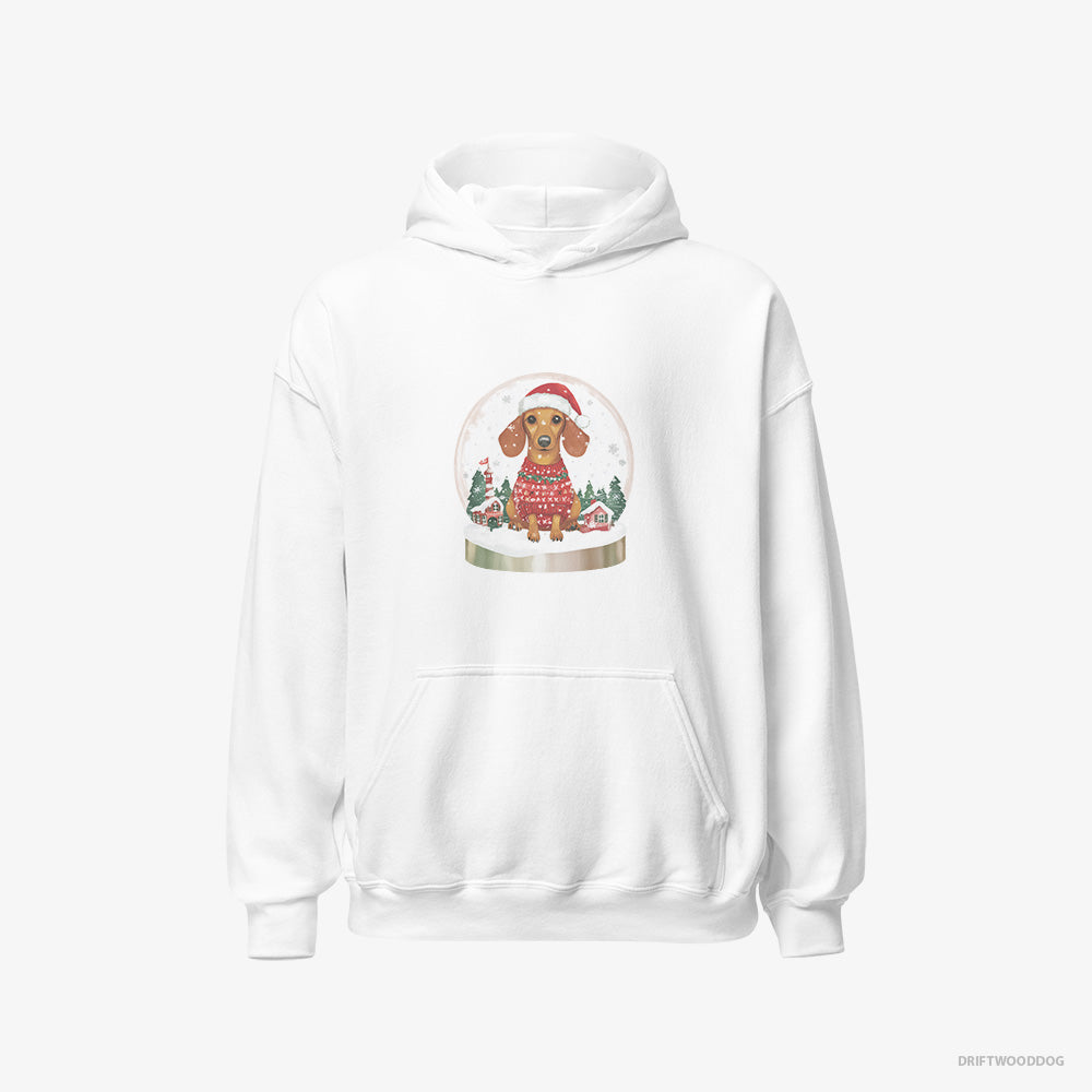 Dachshund Hoodie – Men White Hoodie Classic – Inside a Snow Globe (on White Background)