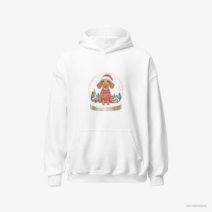 Dachshund Hoodie – Men White Hoodie Classic – Inside a Snow Globe (on White Background)