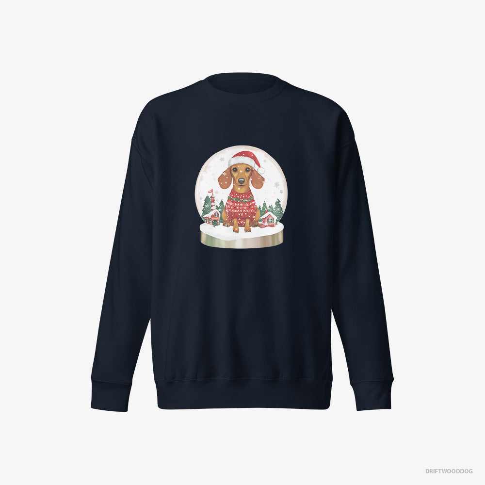 Dachshund Sweatshirt – Women Navy Sweatshirt Eco-Friendly – Inside a Snow Globe (on White Background)