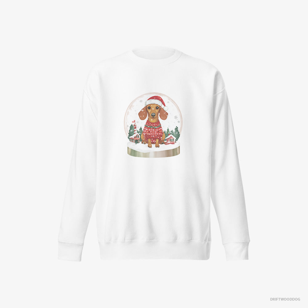 Dachshund Sweatshirt – Men White Sweatshirt Eco-Friendly – Inside a Snow Globe (on White Background)