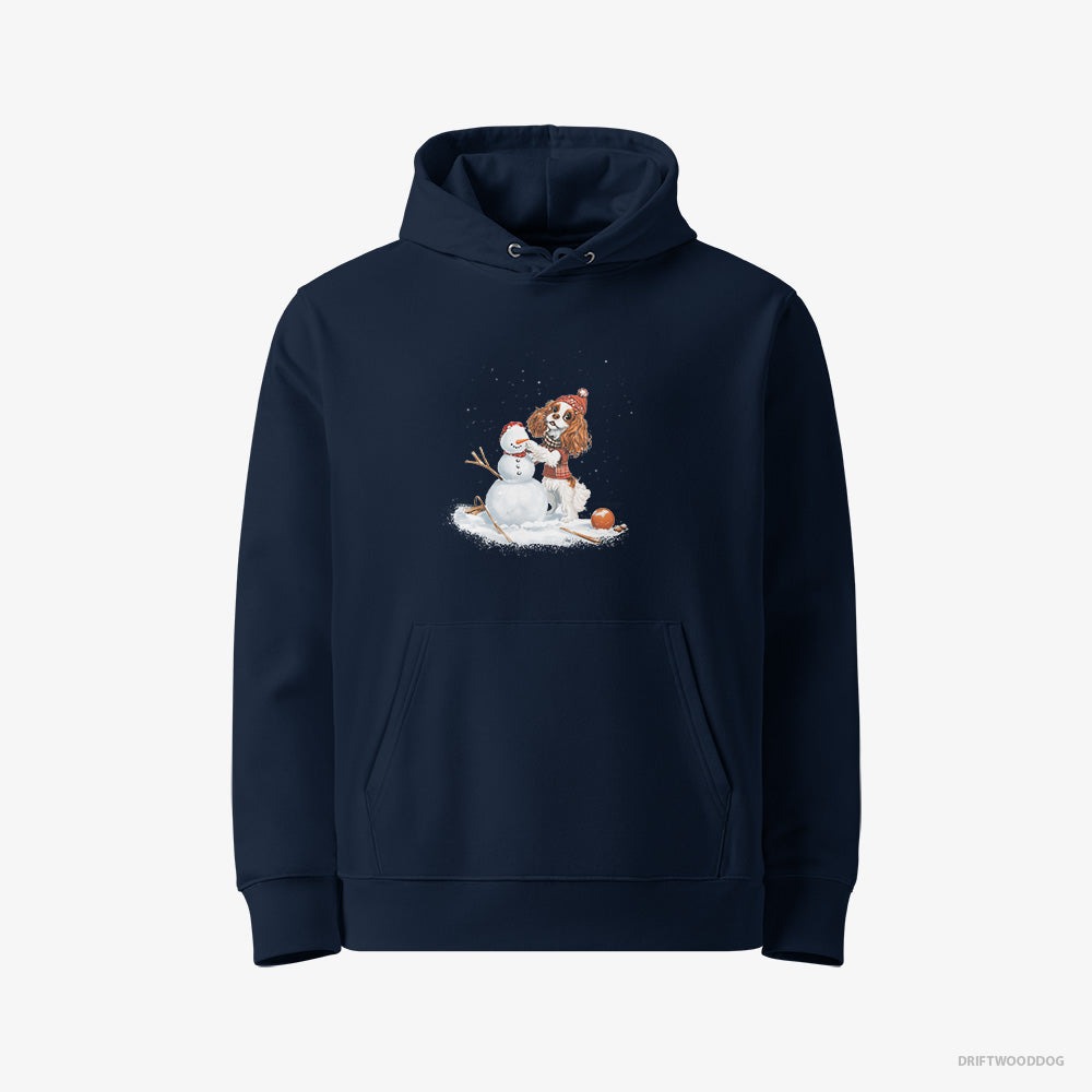 Cavalier King Charles Spaniel Hoodie – Women Navy Hoodie Eco-Friendly – Crafting a Snowman (on White Background)