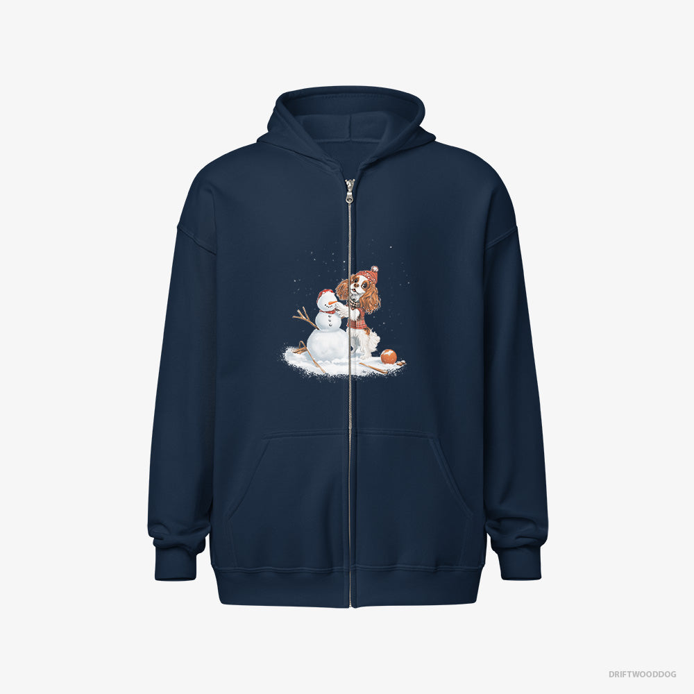 Cavalier King Charles Spaniel Hoodie – Men Navy Hoodie Full-Zip – Crafting a Snowman (on White Background)