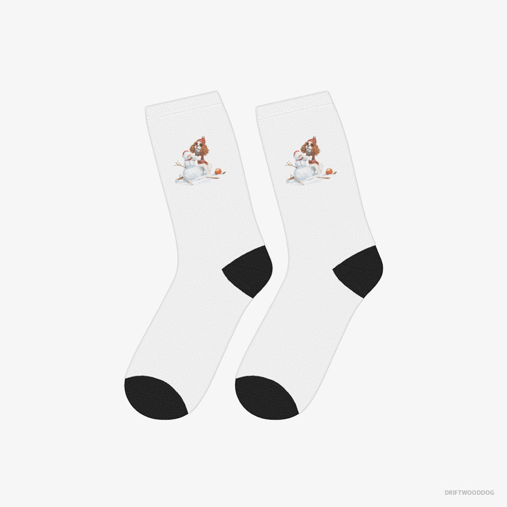 Cavalier King Charles Spaniel Socks – Unisex White Socks Classic – Crafting a Snowman (on White Background)